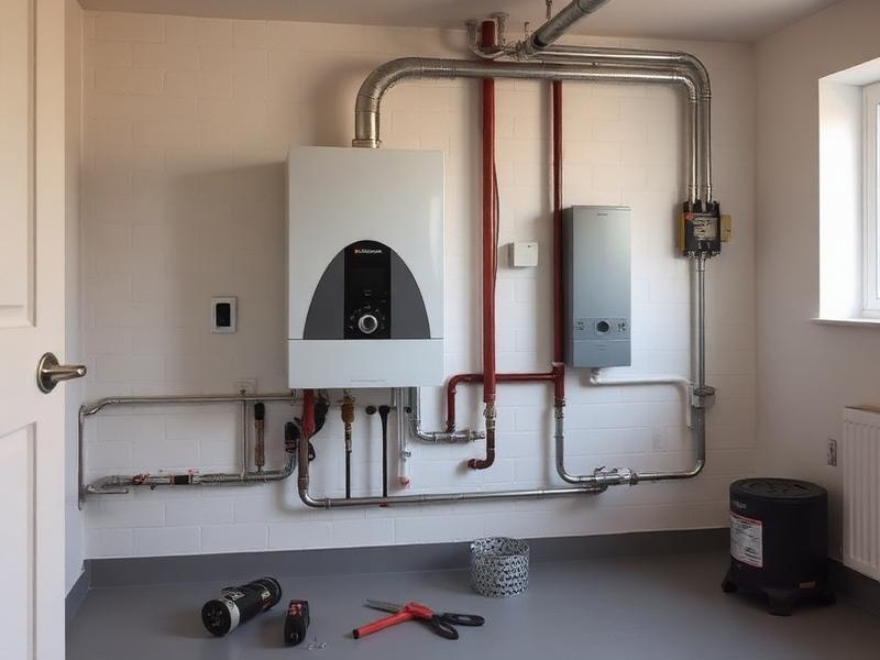 Wandhängende Heizungsanlage mit Rohrleitungen in einem Technikraum